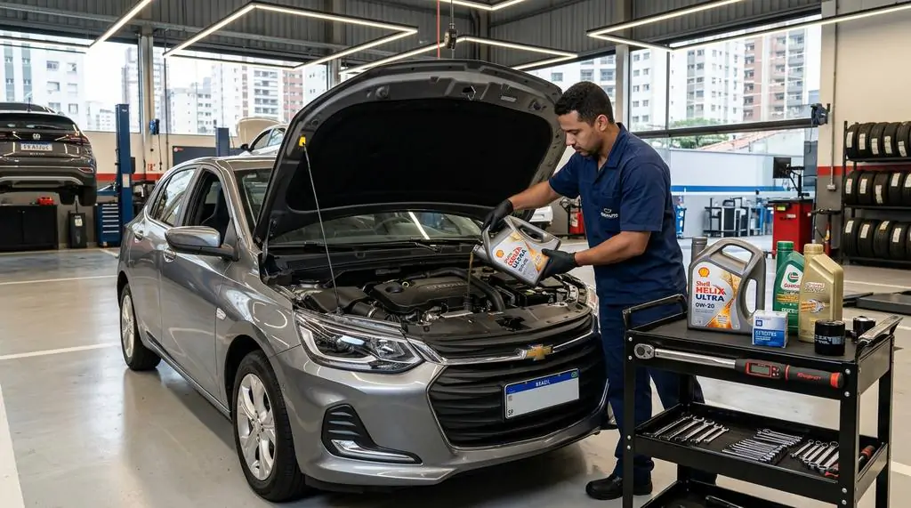 Troca de oleo com norma Dexos 1 no motor 1.0 turbo do Chevrolet Onix na oficina