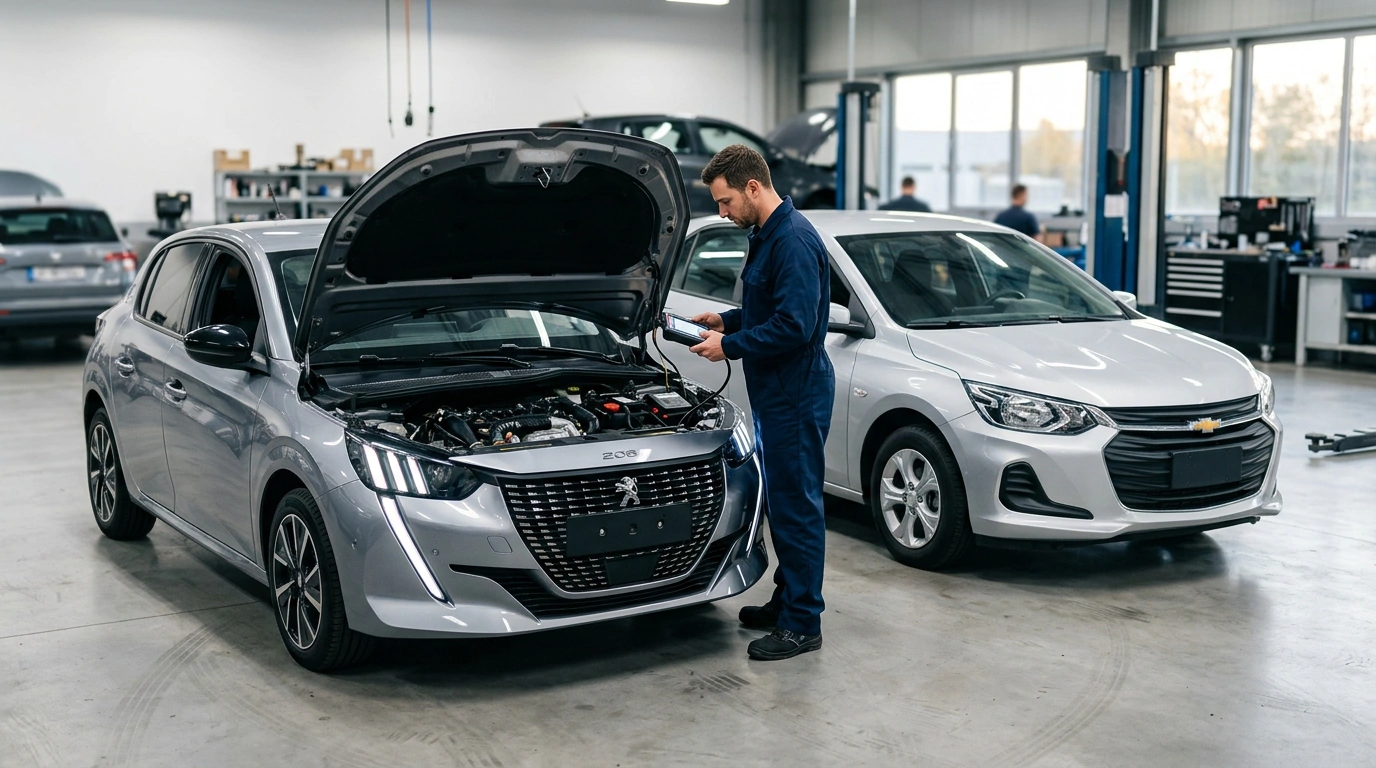 Vistoria pré-compra de Peugeot 208 2023 e Chevrolet Onix 2021 na oficina mecânica